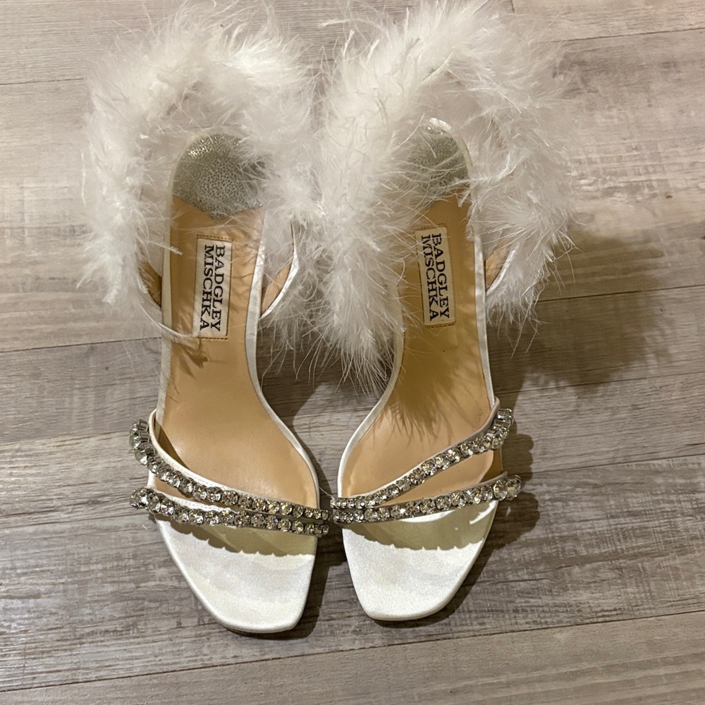 Badgley Mischka White Feathered Heels with Rhinestones